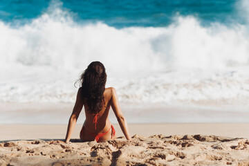 Ocean Waves Contemplation of Young Adult Tourist Woman on Tropical Beach