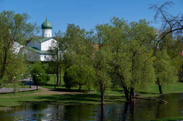 Fototapeta na wymiar Church of the Epiphany from Zaskovye near Pskova river in Pskov, Russia