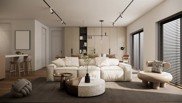 modern living room area. minimalistic white apartment interior design. 3D rendering 4k video animation scene