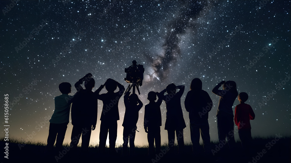 Canvas Prints an image of a group of children from different ethnicities gathered around a telescope, observing th