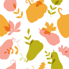 Vector colorful autumn seamless pattern with fall leaves and pumpkins. Fall endless risoprint background.