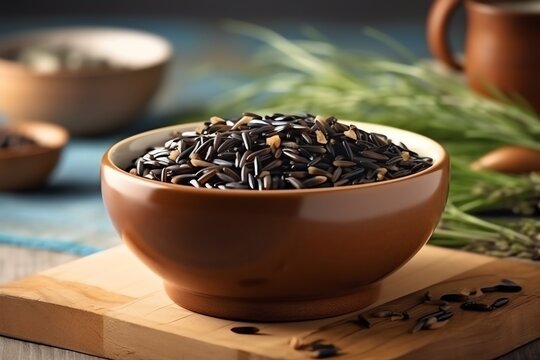 Black wild rice served in a vibrant ceramic bowl wallpaper