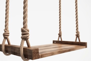 3D rendered wooden swing on rope isolated on white. Generative AI