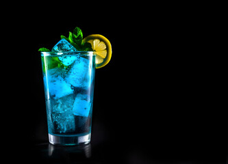 Glass of Blue Lagoon cocktail on black background. AI generated