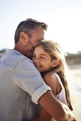 shot of a father and daughter embracing while on holiday, created with generative ai