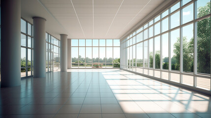 Empty floor front of modern building with sunlight. Generative AI