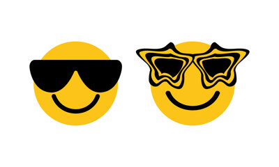Cool smiling face glasses icon black sunglasses. Emoji, emoticone, vector illustration. Yellow faces cartoon with broad smile wearing