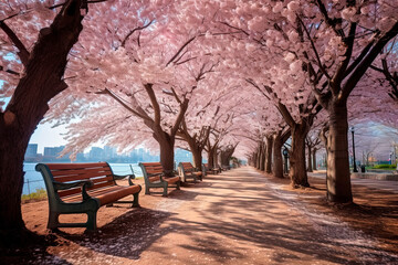 Benches in the park with blossoming cherry trees. Generative AI