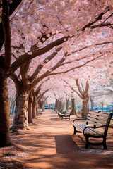Benches in the park with blossoming cherry trees. Generative AI