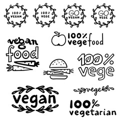 monochrome linear abstract vege vegan label set with typographic and graphic doodle elements isolated on white background for web and print - 615059892