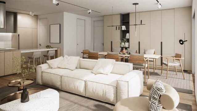Contemporary Japandi interior design of the apartment stylish. interior of white living room. 3d visualization rendering animation	
