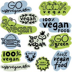 monochrome linear abstract vege vegan label set with typographic and graphic doodle elements on colorful badges isolated on white background for web and print - 615060216