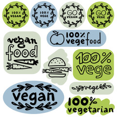 monochrome linear abstract vege vegan label set with typographic and graphic doodle elements on colorful badges isolated on white background for web and print - 615060228