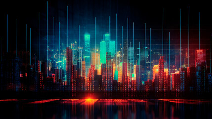 Naklejka premium Financial graphs, glowing lines and diagram on digital screen. Trading market and economic concept. Financial crisis and inflation. Generative AI
