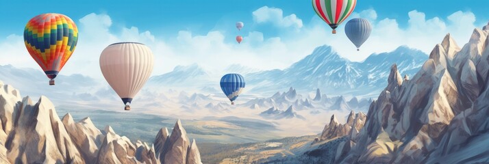Colorful bright banner with hot air balloons under green mountains