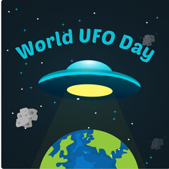 world UFO day poster, ufo flying in space far from earth illustration vector