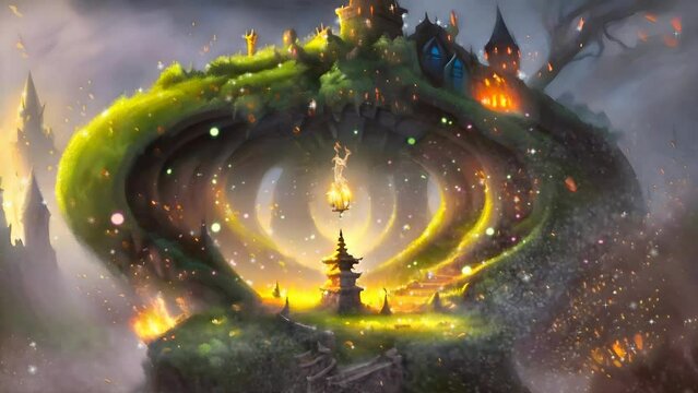 Ascend the mountain to discover a enigmatic temple, where a mystical tableau unfolds. Flames dance, hinting at a powerful force commanding its very existence