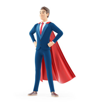 3d cartoon businessman standing with red cape