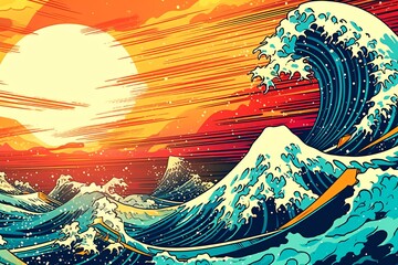 Tsunami pop art create a visual of a towering tsunami - obrazy, fototapety, plakaty