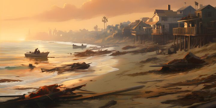 A coastal town enveloped in thick smog, with oil spills polluting the ocean and litter scattered across the beach