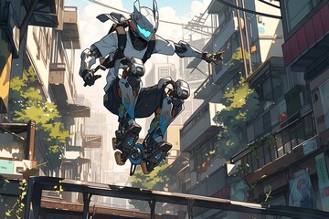 Humanoid robot leaping over obstacles in an urban area