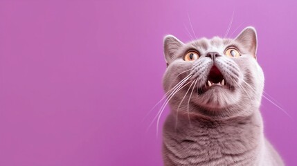 A Lilac British cat with an open mouth looks up, isolated on the purple banner, copy space, AI-generated