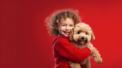 Five-year-old happy girl hugging a puppy, isolated on a red background, copy space, AI-generated