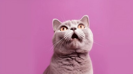 A surprised and funny British cat with huge eyes and an open mouth looks up, isolated on the purple banner, copy space. generated AI