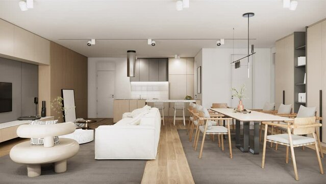 Modern Japandi interior design of the apartment stylish. interior of white living room-kitchen . 3d visualization rendering animation	