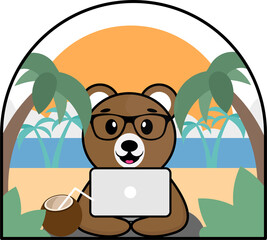 smart bear with glasses on the beach at the computer with a cocktail 