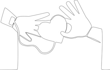 Single continuous line drawing one hand holds the heart and the other accepts the donor. blood donor day concept