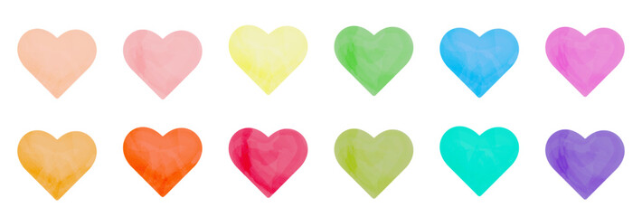Group of cute watercolor hearts, collection with colorful love symbols isolated on a white background.