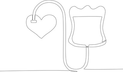 Single continuous line drawing blood donor from blood bag to hearth. blood donor day concept