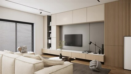 Modern japanese apartment room interior design and decoration with built in wooden furniture, tv, dining table and chairs. 3d rendering living room 4k video
