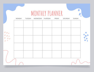 Monthly planner worksheet design template. Blank printable goal setting sheet. Time management sample. Scheduling page for organizing personal tasks. Amatic SC Bold, Oxygen Regular fonts used