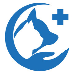 Illustration of a logo of a veterinary clinic. Dog and cat with a medical cross on a white background