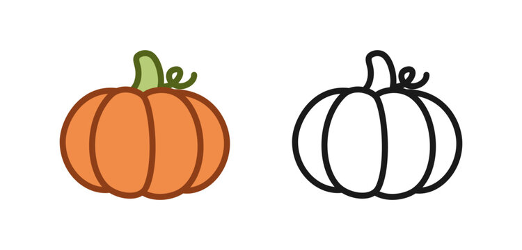 Cute pumpkin cartoon colored and outline line art icon logo set. Vector illustration for coloring page and art books for adults and kids.
