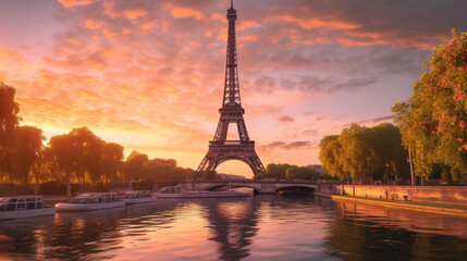 Fototapeta na wymiar Eiffel Tower at sunset in Paris France.