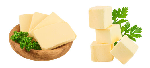 butter slices in wooden bowl isolated on white background with full depth of field