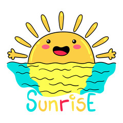 Illustration of the sun smiling, sunrise in the sea, design for t-shirt