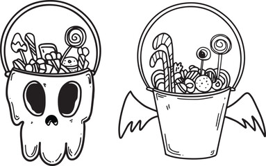 Bucket filled with sweet candy cartoon icon set Hand drawn Outline Simple vector illustration 