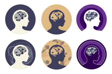 Set of Abstract Mental Health, science, brain Icon and Logos. Human profile with puzzle geometric mind. Minimalist and paper cut out concept. Vector Illustration Collection. EPS 10. Isolated on white.