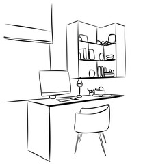 Hand drawn workplace. Chair and computer sketch