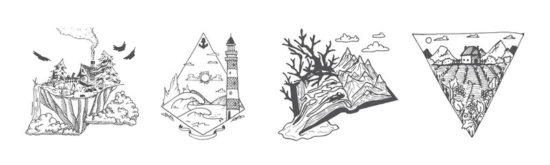 Handdrawn landscape illustration, Nature artwork, Mountains, Drawing, Nature design, Tattoo handdrawn