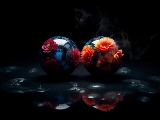 Ying yang balls dfecorated with flowers inside and reflecting harmony - ai generated