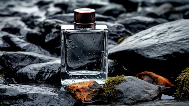 Modern glass men perfume bottle among black rocks in the rain