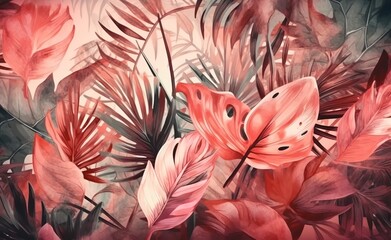 Botany pink illustration of foliage and flowers - ai generated