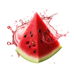 Isolated watermelon triangle wrapped with a large splash of juice on cutout PNG transparent background. Generative AI - obrazy, fototapety, plakaty