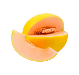 sliced japanese melons, orange melon or cantaloupe melon with seeds isolated transparent png