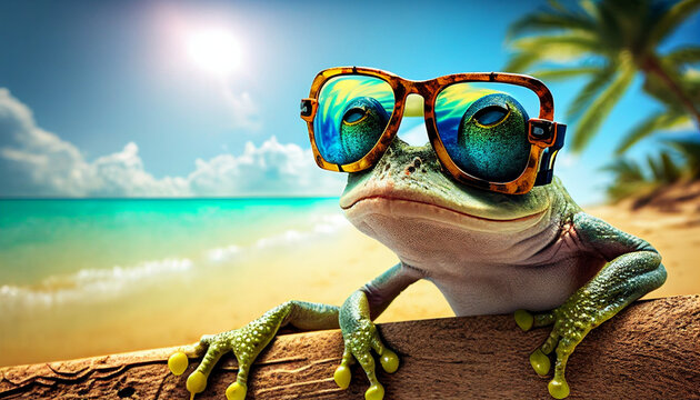 Frosch mit Sonnenbrille macht Urlaub am Strand, lustige Vorlage Motiv Hintergrund Reiseveranstalter, Generative AI 